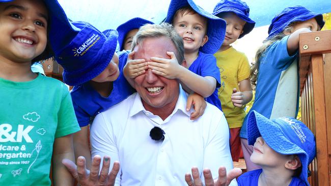 Premier Steven Miles is kept in the dark as he visits the kids at the C &amp; K Beaconsfield Community Kindergarten in Mackay. Picture: Adam Head