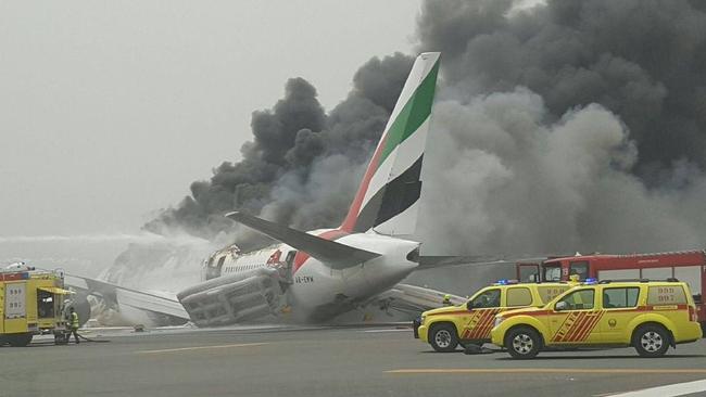 Disaster. An Emirates 777 went up in flames after crash landing on the runway at Dubai Airport last month. Picture: Al Arabiya.