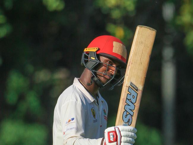 Waratah batter Ash Chandrasinghe brings up his fifth consecutive hundred against Tracy Village in 2022. Picture: Glenn Campbell.