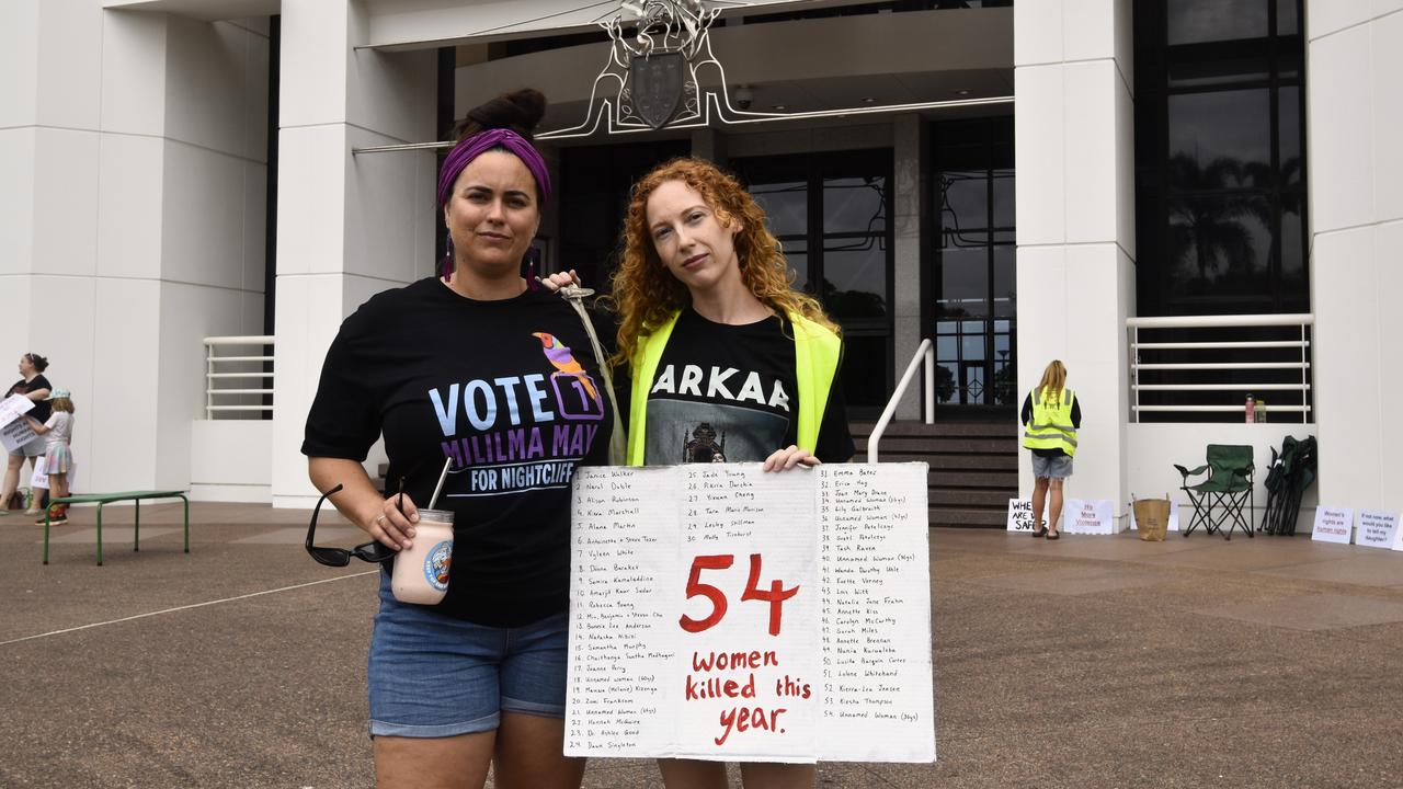 Amanda Lilleyman and Olivia Ellis at the Darwin No More Violence rally at Parliament House, 2024. Picture: Sierra Haigh