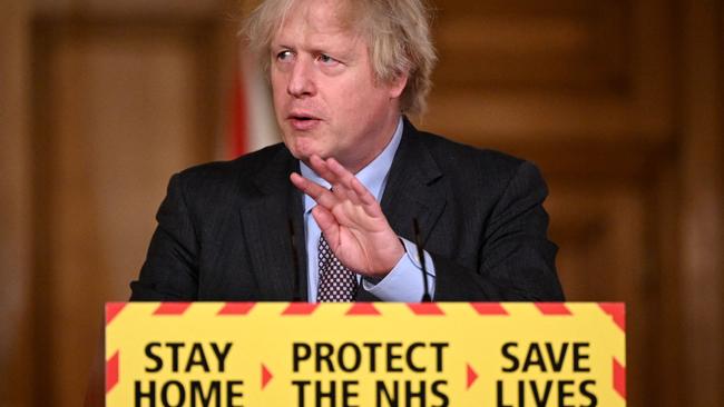 Boris Johnson attends a virtual press conference inside 10 Downing Street after setting out the roadmap out of lockdown. Picture: AFP.