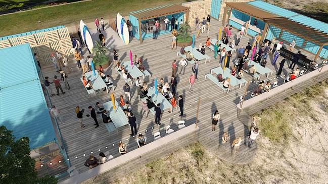 Artist impression of Star Entertainment Group's proposed beach club which was developed as a concept prior to the Commonwealth Games. This image shows the pop-up version outside the Sheraton Mirage.