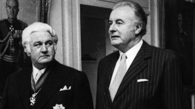 Sir John Kerr with then prime minister Gough Whitlam at his swearing-in as governor-general in 1974.