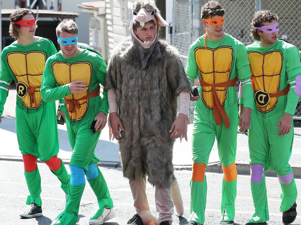 Teenage Mutant Ninja Turtles and Splinter at the Brisbane Lions' Mad Monday celebrations at The Boundary, West End. Picture: Liam Kidston