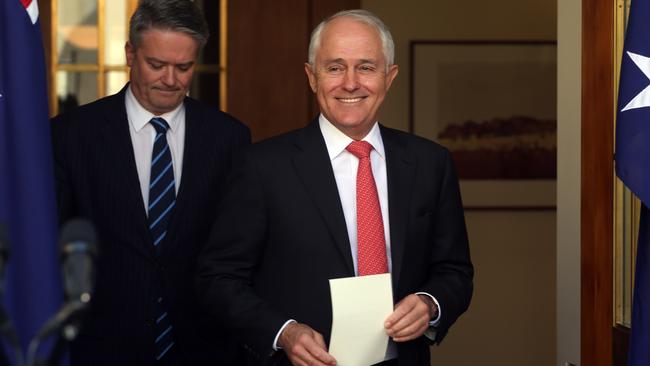 The Prime Minister Malcolm Turnbull with Senator Mathias Cormann. Picture: Gary Ramage.