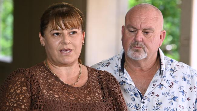 Belinda Beasley and Brett Beasley at the announcement of a new Qld knife crime prevention initiative following the stabbing death of their son Jack Beasley. Picture: NCA NewsWire/John Gass