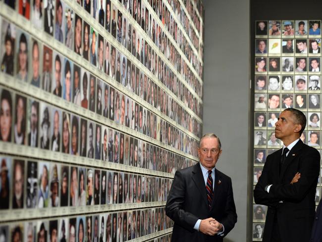 US President Barack Obama is accompanied by former New York Mayor Michael Bloomberg as he tours the National September 11 Memorial &amp; Museum in 2014. Picture: Jewel Samad / AFP