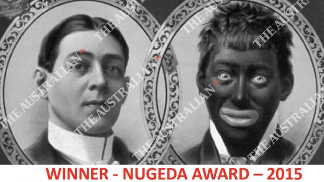 An NT Police TRG award issued in 2015, set to the background of William H. West’s Big Minstrel Jubilee, featuring a caricature of what appears to be a person wearing blackface.