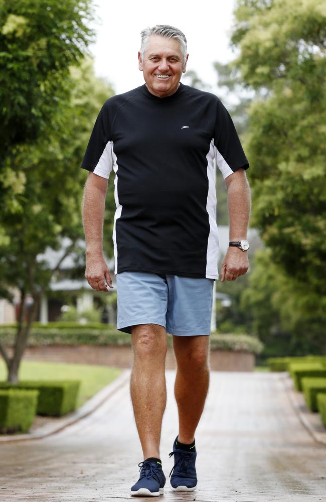 Ray Hadley has lost 20kg by walking up to 15 km a day. Pictured going for a walk at home in Dural. Picture: Jonathan Ng