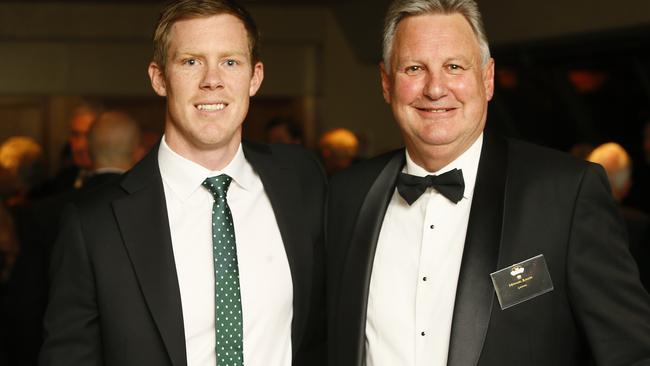 Michael Roach and Jack Riewoldt at the 2018 Tasmanian Football Hall of Fame dinner.