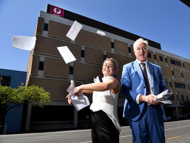 Colliers International’s Georgie Ey and James Young, state chief executive, at the Australia Post Mail Centre at Gouger St, which is for sale. Picture: Tricia Watkinson