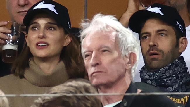 Hollywood superstar Natalie Portman with her husband Benjamin Millepied watching a Rabbitohs v Roostersmatch in 2021 — with lawyer Chris Murphy in front. Picture: Getty