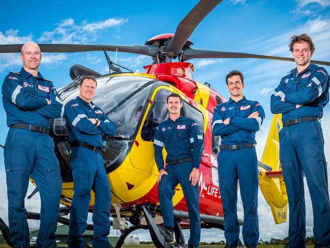 Westpac Lifesaver Rescue Helicopter Service. Crew members perform training exercises near Torquay. Crew members Adam Lantz, Wayne Cartwright, Rhys Cole, Alex Schwarcz and Liam O'Callaghan. Picture: Jake Nowakowski