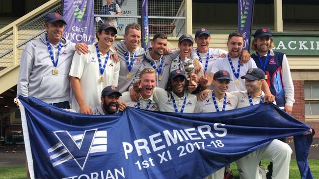 Dandenong celebrates its Premier Cricket grand final victory. Picture: Toby Prime.