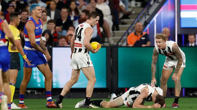 Western Bulldog Rory Lobb avoided suspension for his stray spoil on Collingwood’s Mason Cox. (Photo by Michael Willson/AFL Photos via Getty Images)