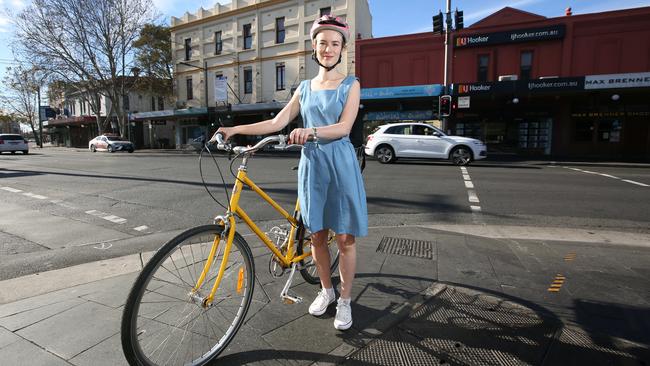 Lauren at the location where she was hit by a car in Newtown. Photo: Bob Barker.