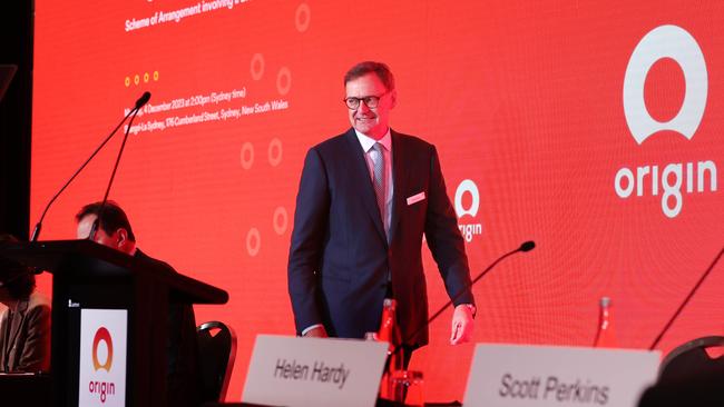 Origin chairman Scott Perkins at the Origin Energy takeover scheme meeting on Monday. Picture: Jane Dempster