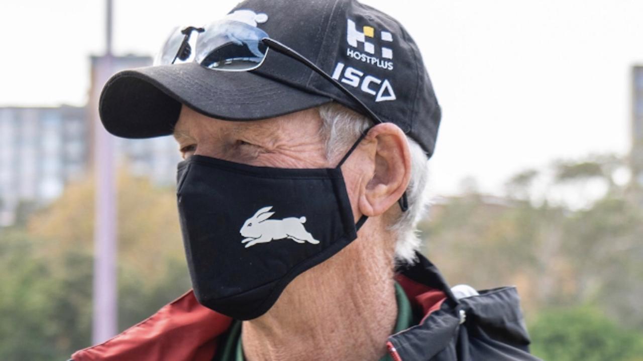 Souths coach Wayne Bennett with his Rabbitohs Covid19 mask.