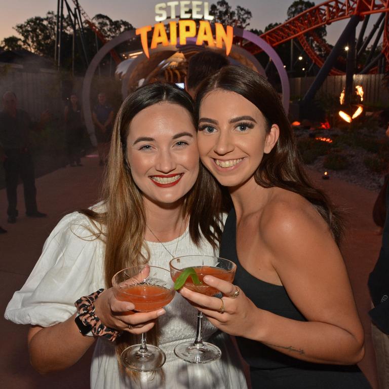 Alice Brown and Tahlia Meli at opening of Steel Taipan ride, Dreamworld. Picture: Regina King