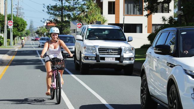 Kathryn Paech, 27, from Broadbeach, on her regular bike ride along Hedges Avenue. Pic: Tim Marsden.