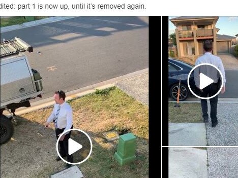 A screenshot of the three videos uploaded to the Facebook page of Jayden Shields, showing a plain clothes police officer at the front of the house. Picture: Facebook