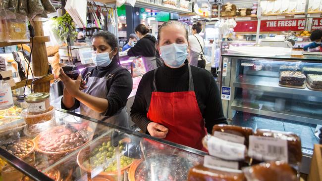 Owner of Emerald Deli, Maria Totos, at South Melbourne Market. Picture: Paul Jeffers