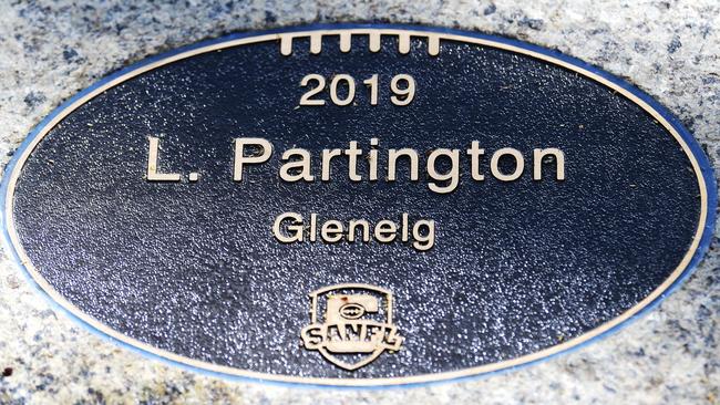 Luke Partington’s Magarey Medal plaque at Adelaide Oval. Picture: Marl Brake/AAP