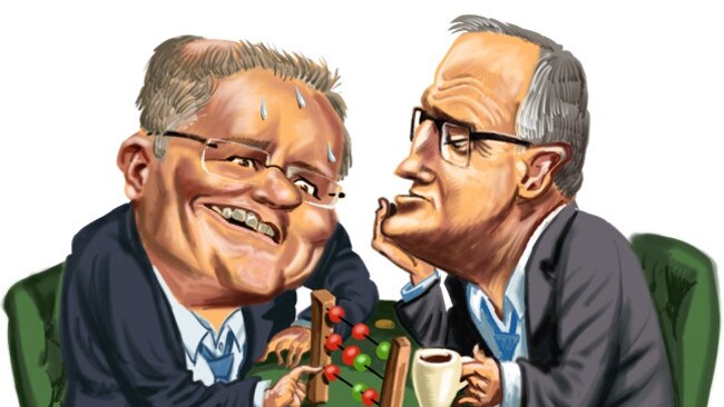 Scott Morrison and Malcolm Turnbull contemplate the next budget. Art: John Tiedemann