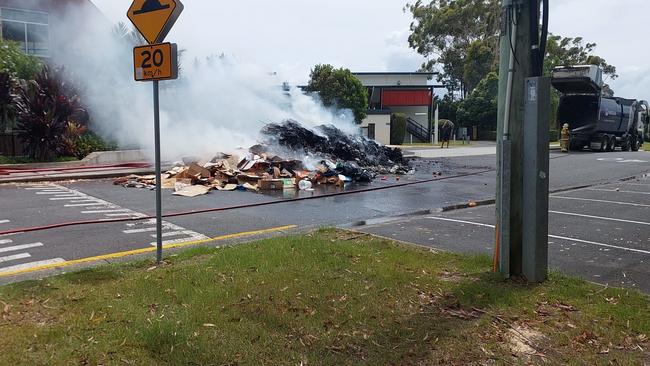 A rubbish truck was forced to dump its load after the wast burst into flames outside Aquinas College on Sunday, February 2, Picture: Dean McNicol