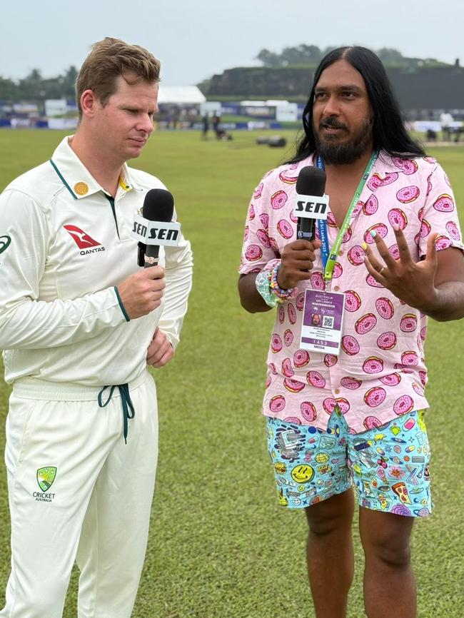 Bharat interviews Steve Smith for radio in Galle, Sri Lanka, this month.