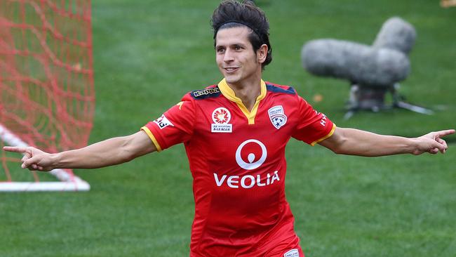 SOCCER - A-League - Adelaide United v Perth Glory at Coopers Stadium. Pablo Sanchez scores the first goal. Photo Sarah Reed.