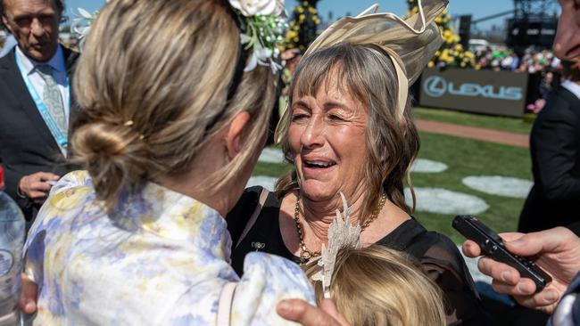 An emotional Sheila Laxon after the win of Knight’s Choice in the Melbourne Cup. Picture: Picture: Jason Edwards