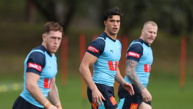 Suaalii (centre) taking part in NSW training ahead of Game 2. Photo: Tim Hunter.