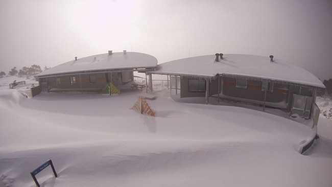 Snow at Mt Mawson public shelter this morning. Picture: Mt Mawson webcam