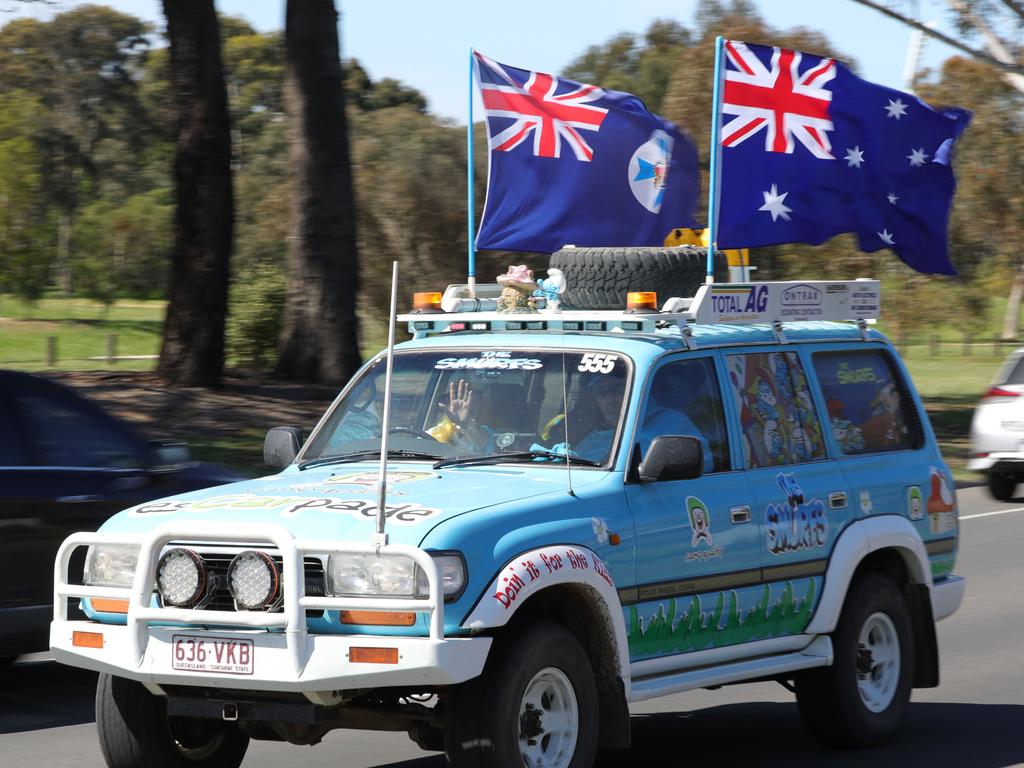 A ‘smurfs’ car arriving in Camp Quality’&#149;s signature motoring event, esCarpade at Barwon Valley Fun Park in Geelong on Saturday. Picture: Mark Wilson.