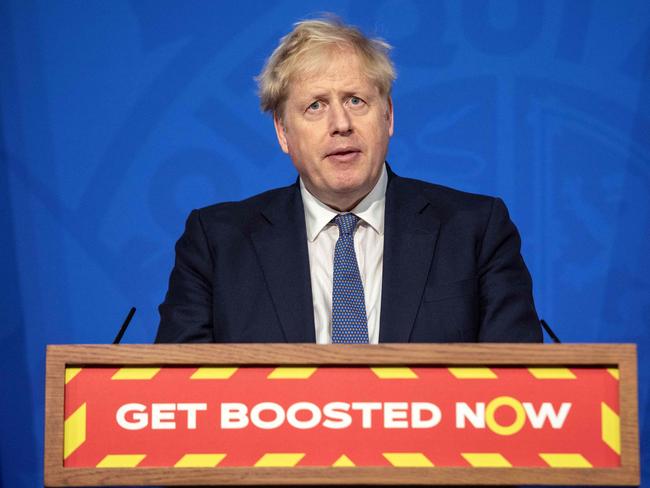 Britain's Prime Minister Boris Johnson hosts a virtual press conference to update the nation on the status of the Covid-19 pandemic, in the Downing Street briefing room. Picture: AFP