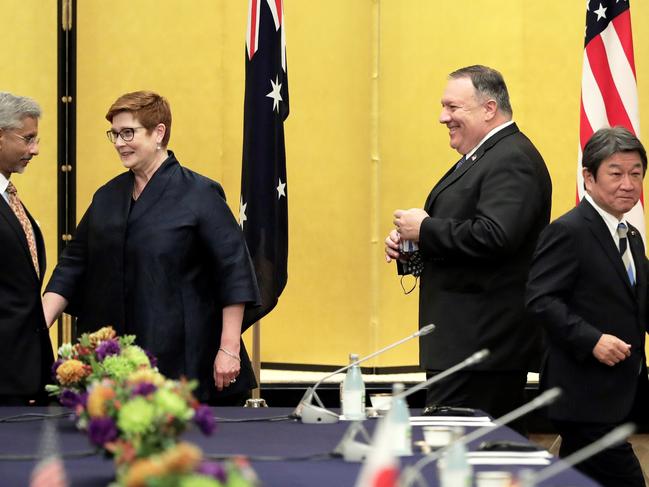 US Secretary of State Mike Pompeo, Japan's Foreign Minister Toshimitsu Motegi, India's Foreign Minister Subrahmanyam Jaishankar and Foreign Minister Marise Payne in Tokyo. Picture: AFP