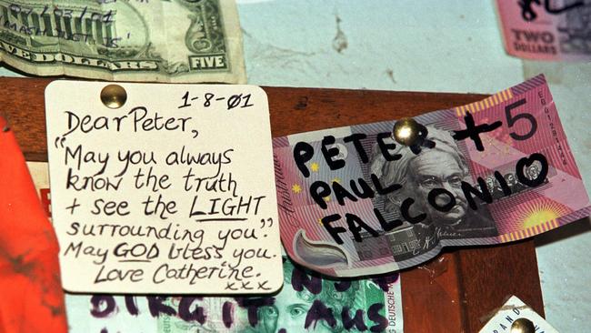 A $5 note left on the wall of the Barrow Creek Hotel by Paul Falconio, the brother of missing man Peter Falconio.