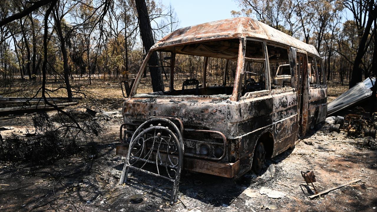 TARA, AUSTRALIA - NewsWire Photos - OCTOBER 31, 2023. A burnt-out bus at a property destroyed by a bushfire near Tara, Queensland, about 300 kilometres west of Brisbane. Fire fighters have been battling multiple bushfire in Queensland and NSW. Picture: NCA NewsWire / Dan Peled