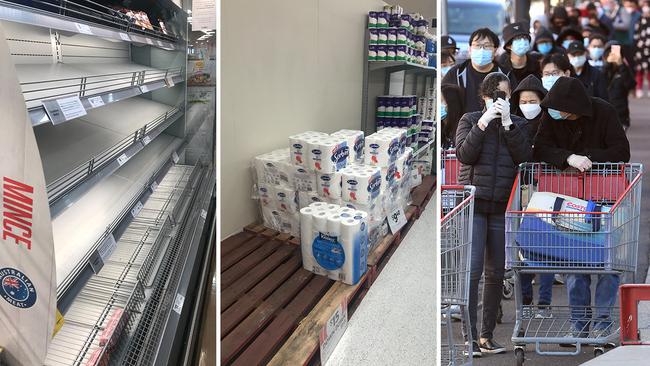 Shelves at a Camberwell supermarket are stripped of meat, left, and toilet paper, centre; shoppers queue outside a Melbourne Costco yesterday. Pictures: John Ferguson, AFP