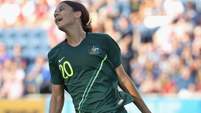 Sam Kerr celebrates scoring for Australia against Japan in the Tournament of Nations in the US in August. Picture: Getty Images