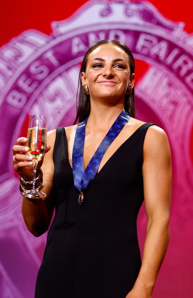 Monique Conti of the Tigers celebrates after winning the AFLW Best & Fairest award during the 2023 W Awards. Picture: Dylan Burns/AFL Photos