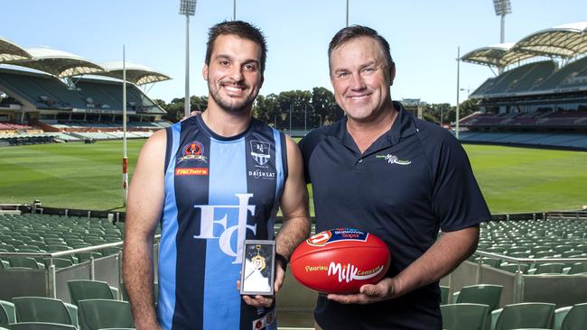 Johnny Boras with the Tony Modra Medal as the leading goal kicker in regional community footy for 2021. Picture: Mark Brake