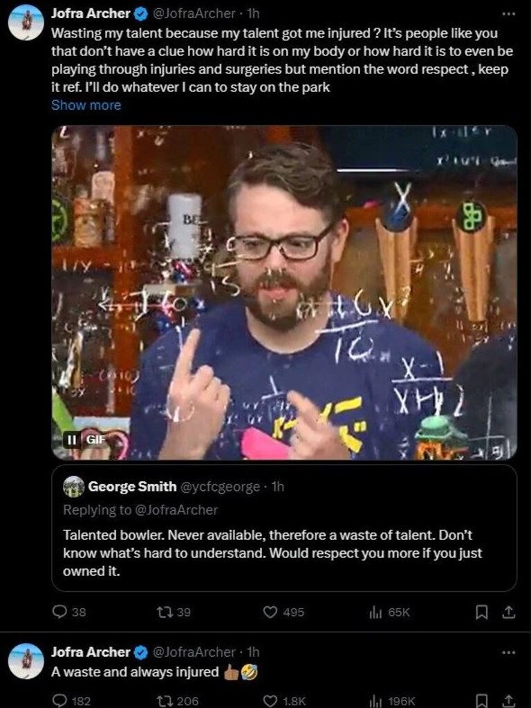 Jofra Archer responded in since-deleted tweets. Source: X, via The Telegraph UK