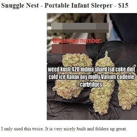 Cannabis for sale under an ad for a portable baby sleeper. Picture: Craigslist