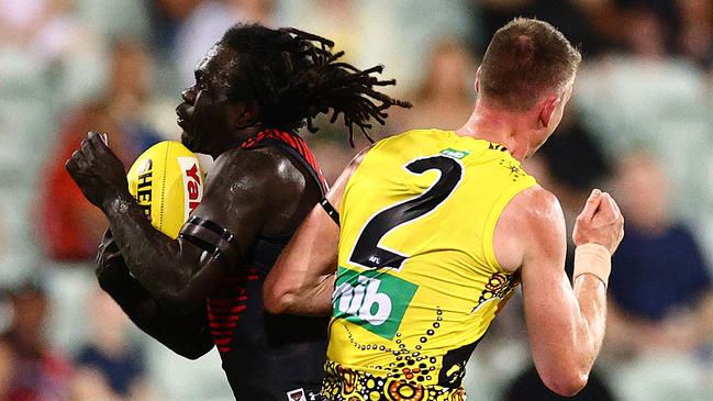 Dylan Grimes appeared to exaggerate contact to win a free kick, denying Anthony McDonald-Tipungwuti a goal. Picture: Getty