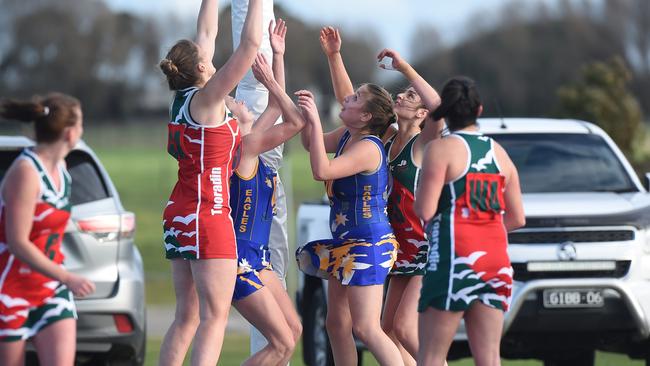 Cranbourne and Tooradin-Dalmore clash in South East netball. Picture: Chris Eastman