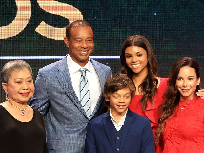 Tiger Woods with mother Kultida Woods, children Sam Alexis Woods and Charlie Axel Woods, and Erica Herman in 2022. Picture: Sam Greenwood/Getty Images/AFP