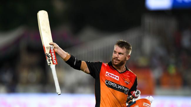 David Warner raises the bat after an innings for Sunrisers Hyderabad.