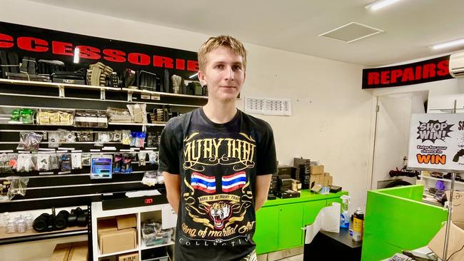 Oz Blasters shop assistant Jarred Lyons was held up at knifepoint at a Lake St business in the Cairns CBD on Tuesday. Picture: Peter Carruthers